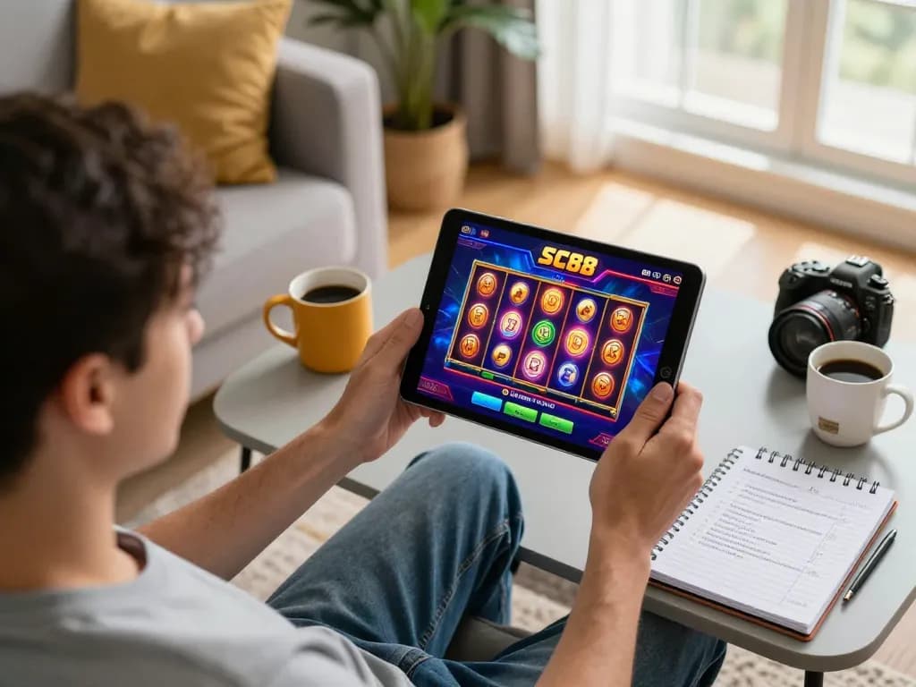 Player enjoying SC88's casino app on tablet at home with strategic gaming notes nearby.