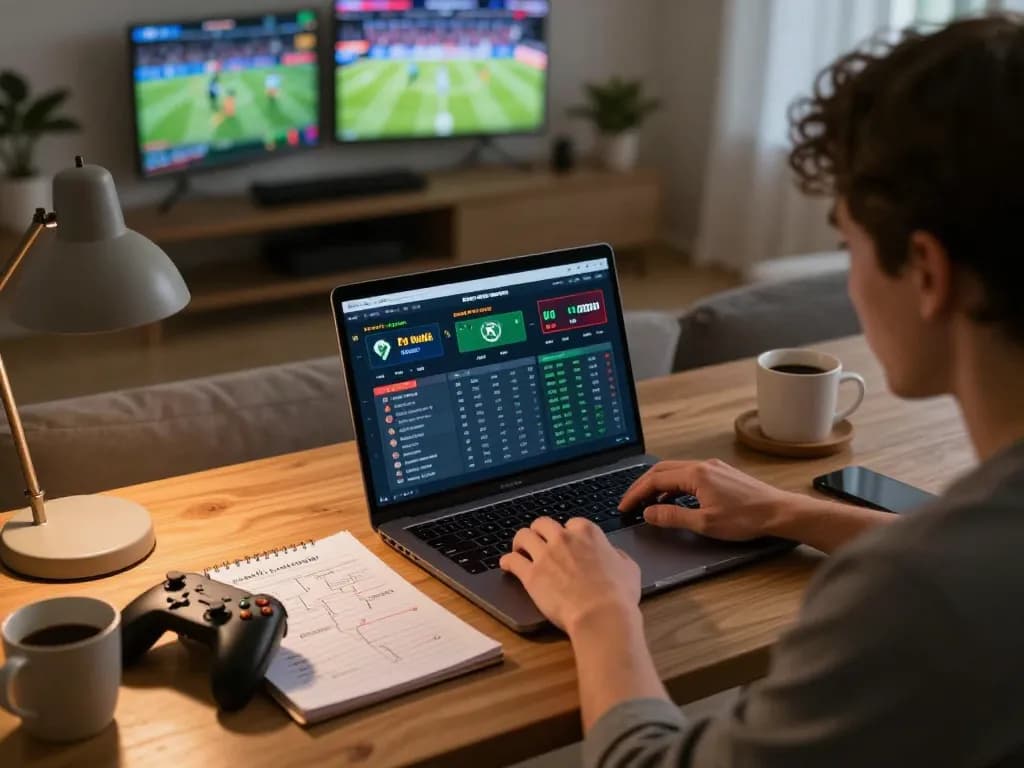 Kèo nhà cái interface displayed on laptop, engaging user in online sports betting strategy in cozy home office.