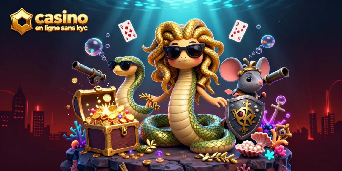 Profitez du casino en ligne sans KYC avec une illustration dynamique de Méduse et un guerrier.