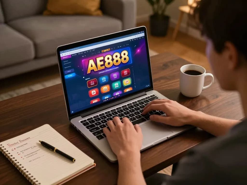Engaging with the AE888 online casino interface, strategically planning gameplay in a cozy setting.