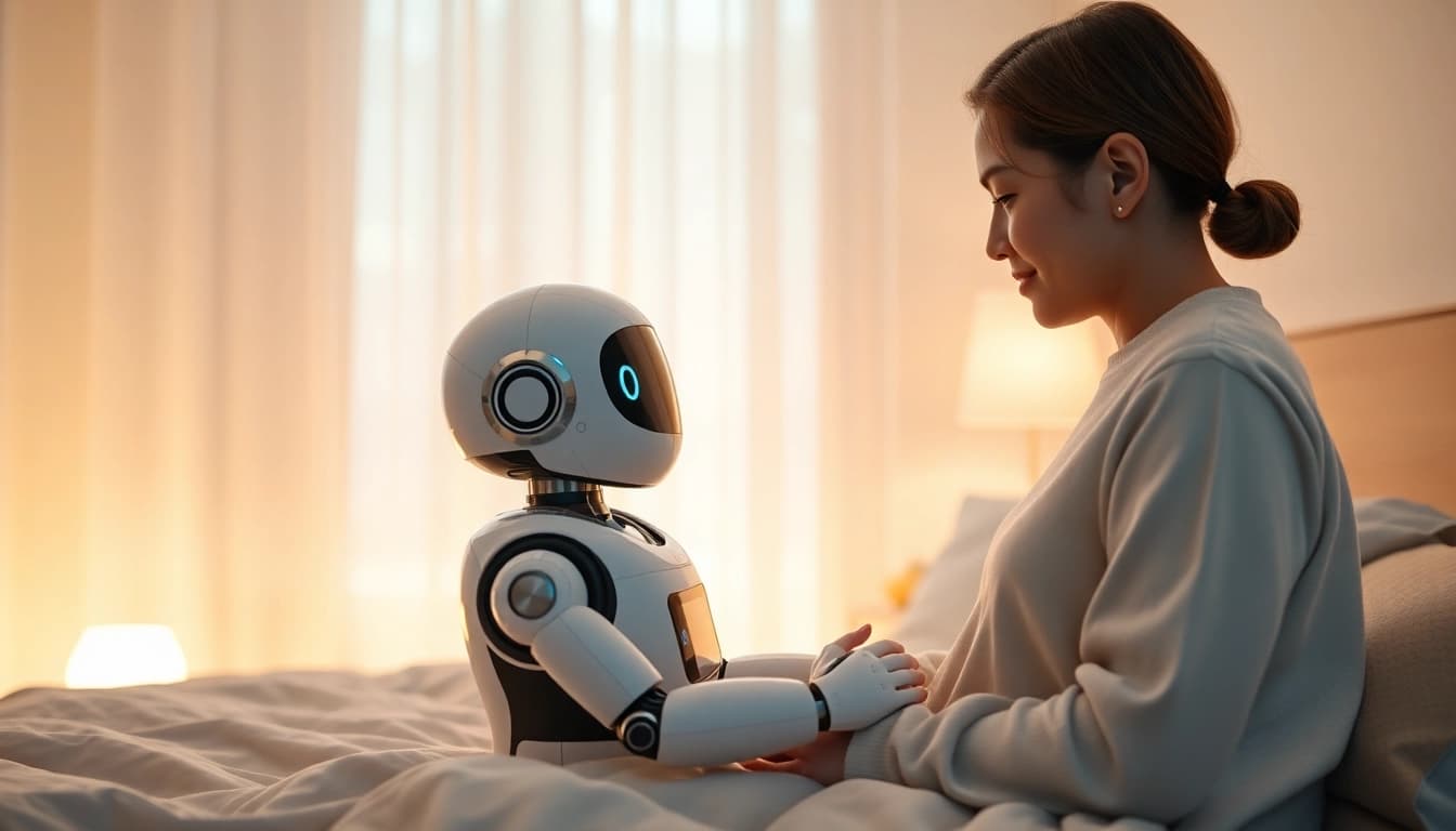 AI sex: A human and an AI robot sharing an intimate moment in a modern bedroom, showcasing companionship.