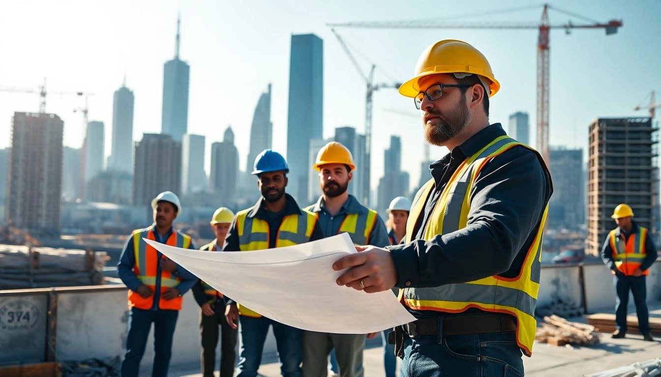 New York City Commercial General Contractor supervising construction, embodying professionalism and teamwork.
