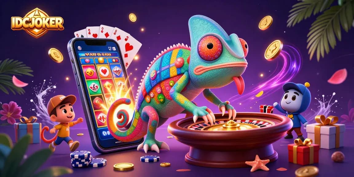 IDCJOKER showcases thrilling casino action with a vibrant chameleon owner and dynamic game elements.