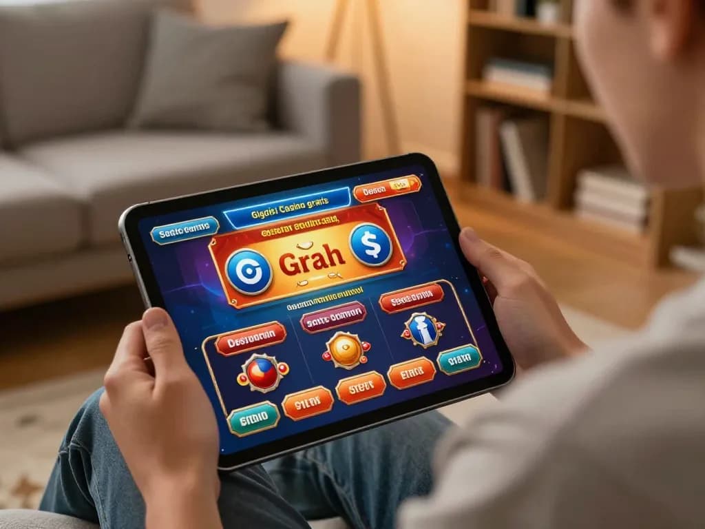Playing giochi casino gratis senza registrazione on a tablet in a cozy home setting, illustrating modern online gaming.