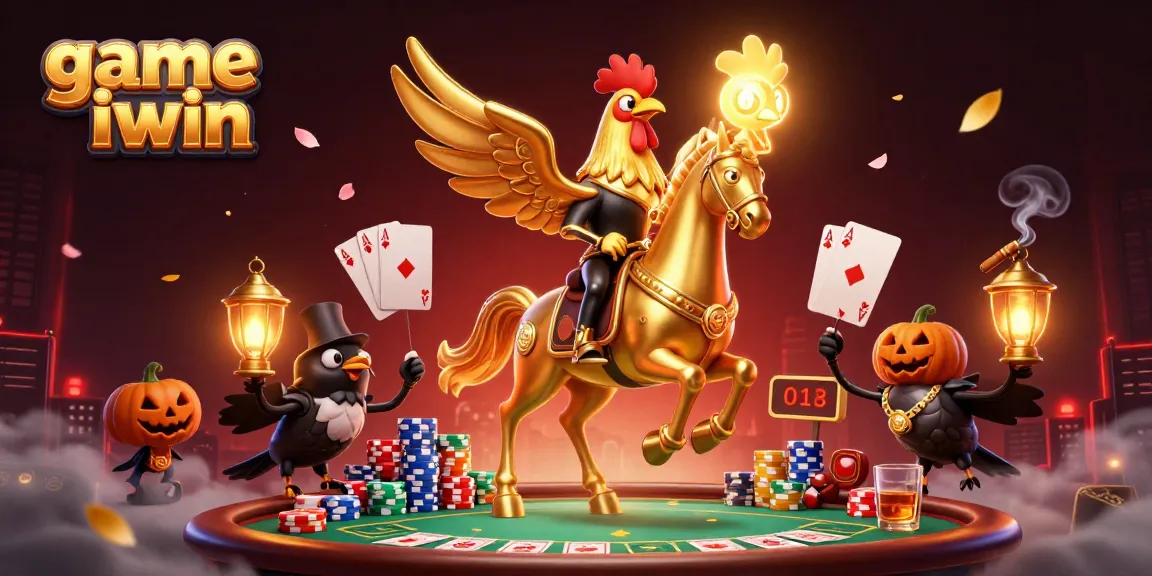 Play exciting game iwin with golden rooster and spectral horse amidst vibrant casino chaos.