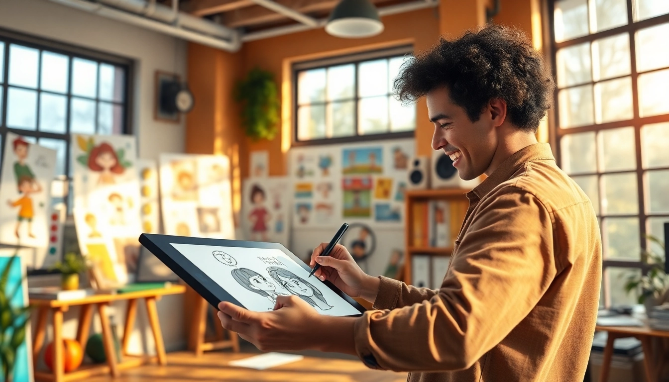 Animationsagentur creating vibrant character designs in a lively workspace.