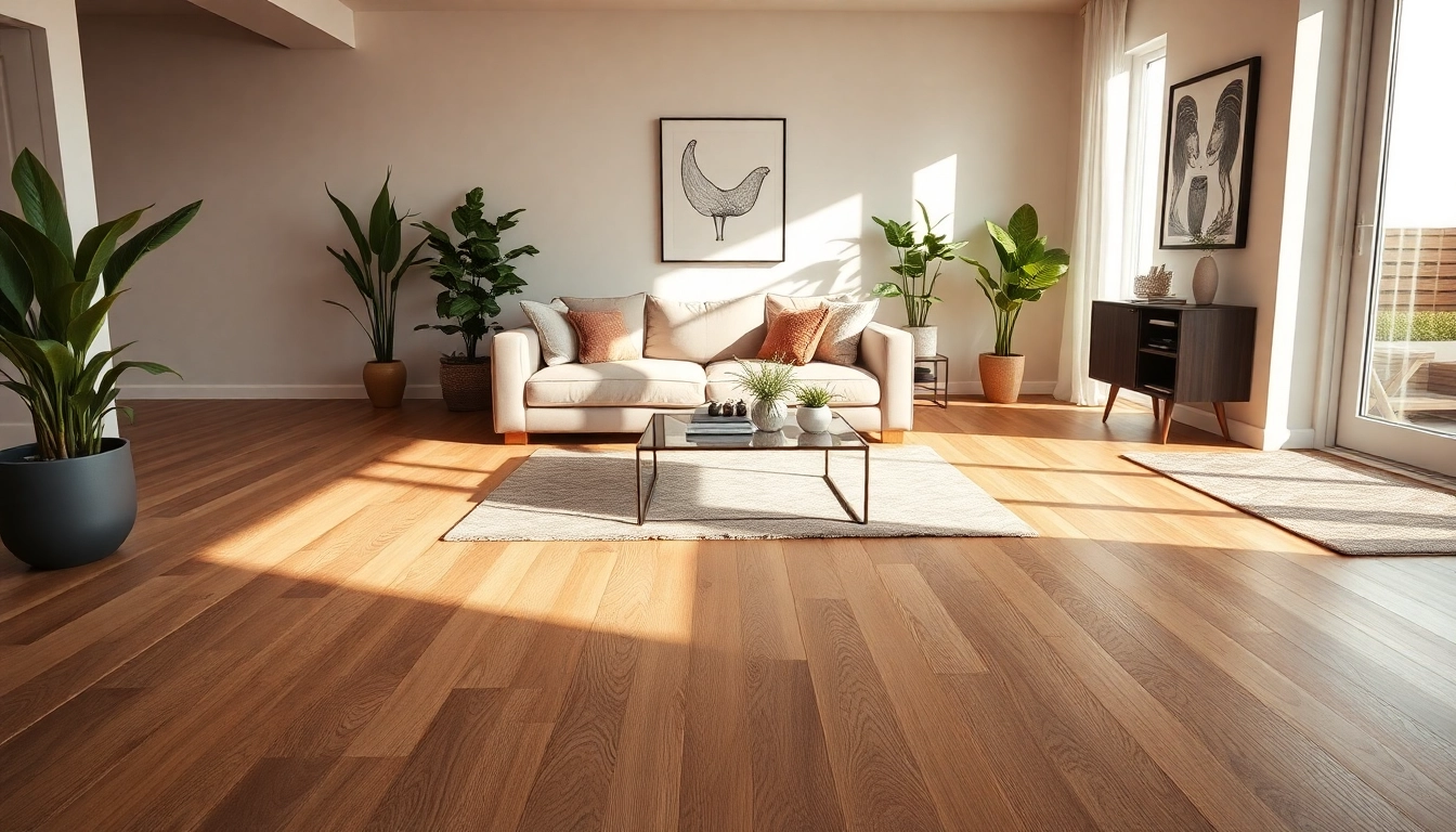 Belle pièce présentant un carrelage imitation parquet avec un design intérieur chaleureux et moderne.