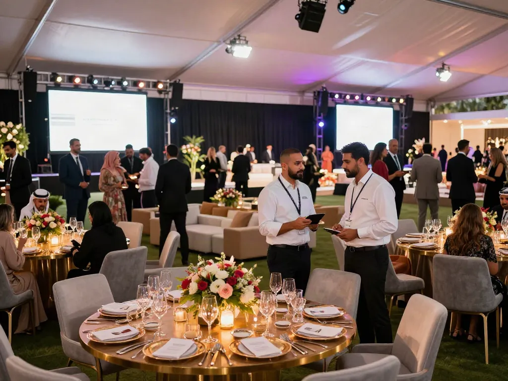 Event rentals showcased at a luxurious corporate event in Saudi Arabia.