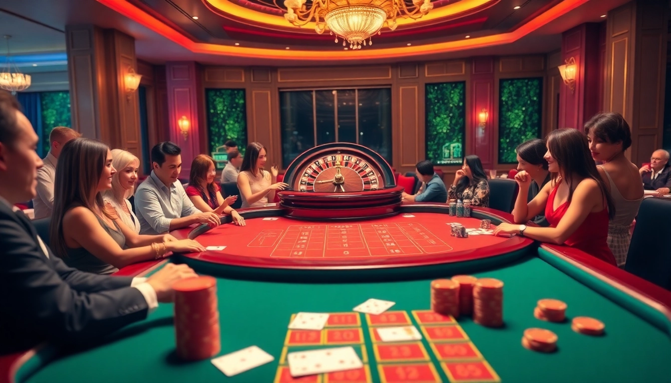 An exciting baccarat table scene at https://xx88.us/, filled with players and vibrant casino elements.