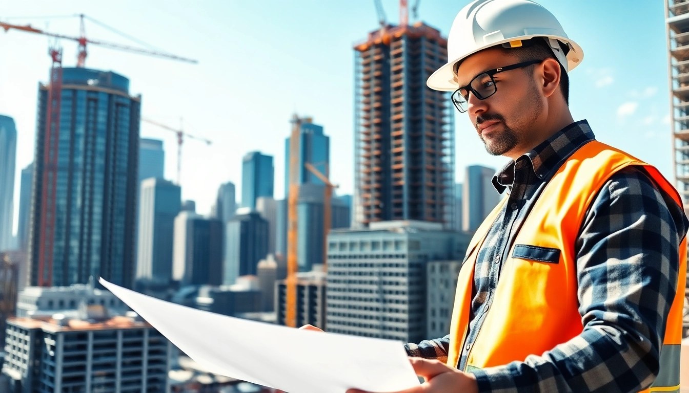 New York General Contractor inspecting blueprints at a skyscraper construction site.