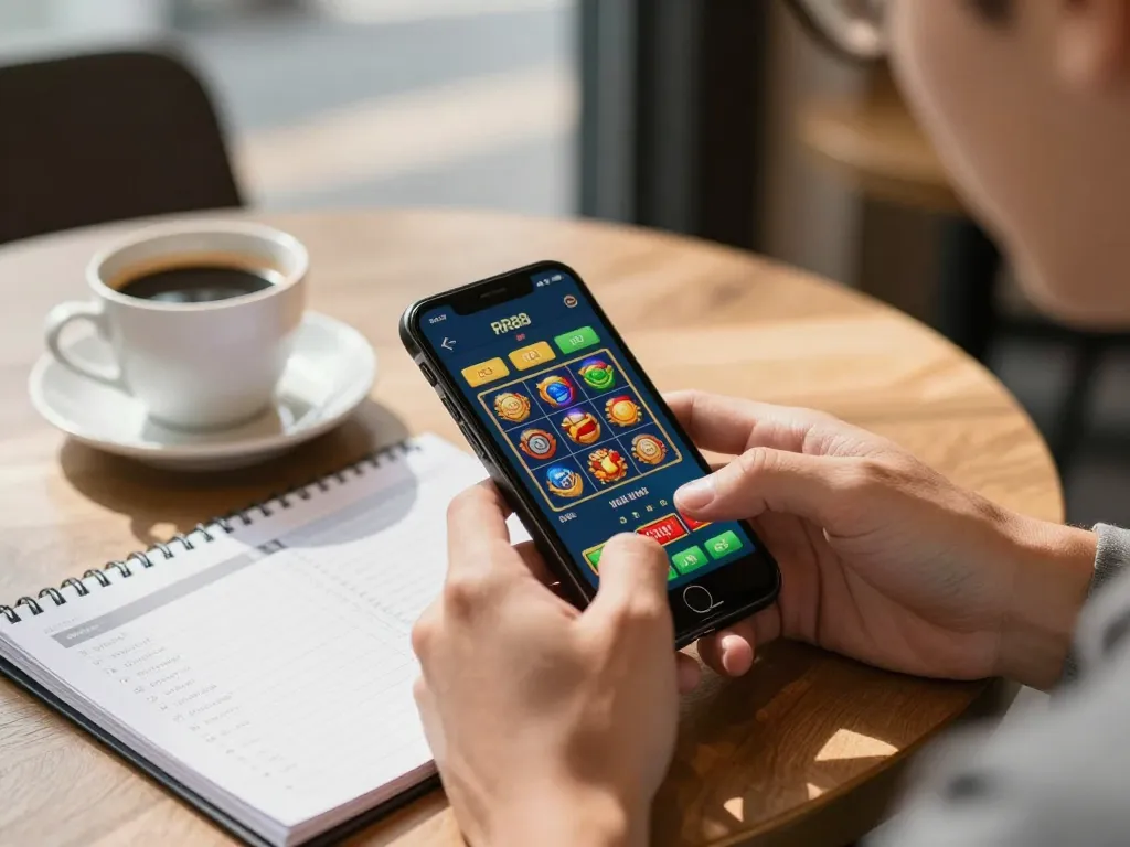 Engaging with the RR88 App to place bets on mobile while enjoying a stylish cafe atmosphere