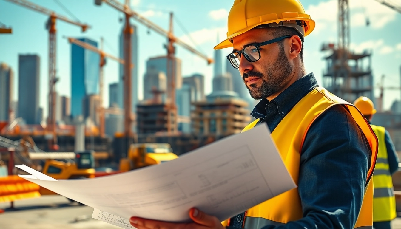New York Construction Manager supervising a bustling construction site with professional focus and expertise.