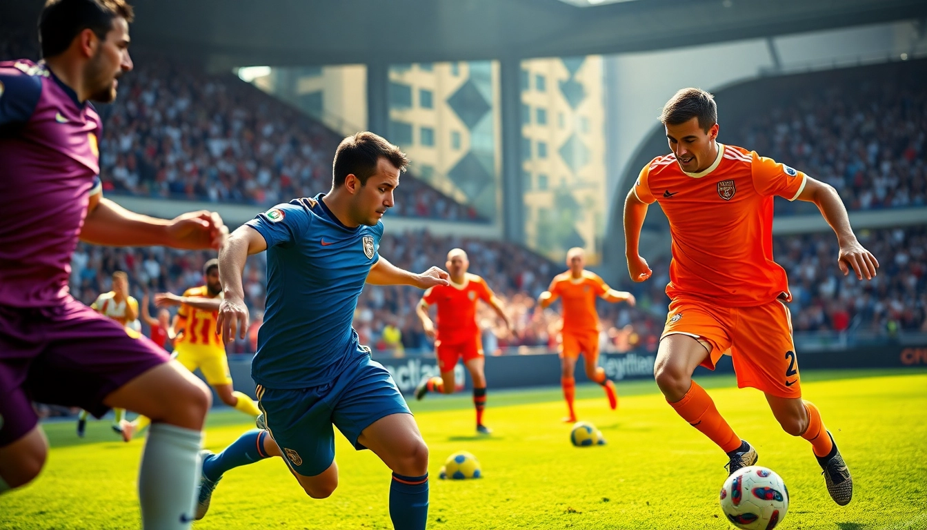 Players showcasing team football kits in an energetic soccer match with vibrant colors.