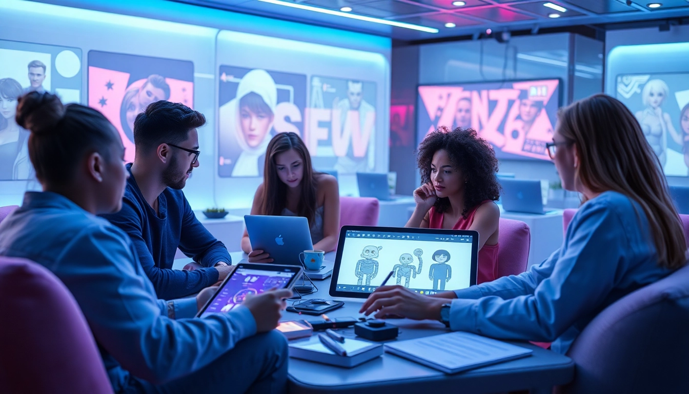 Creative workspace showcasing diverse individuals using nsfw ai tools in a modern environment.