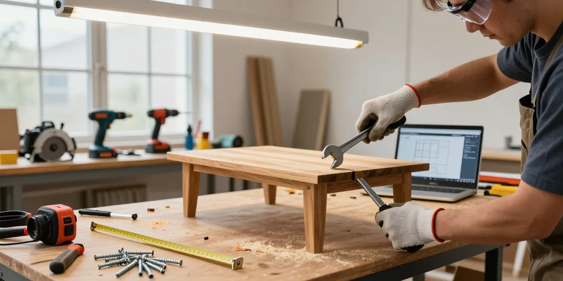 Dismantle an old wooden table with tools and safety gear in a workshop scene.