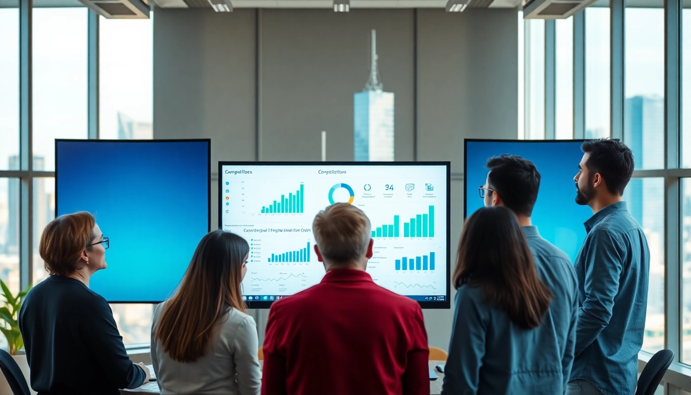 Visual representation of AI for competitive intelligence being used by a diverse team analyzing market data.