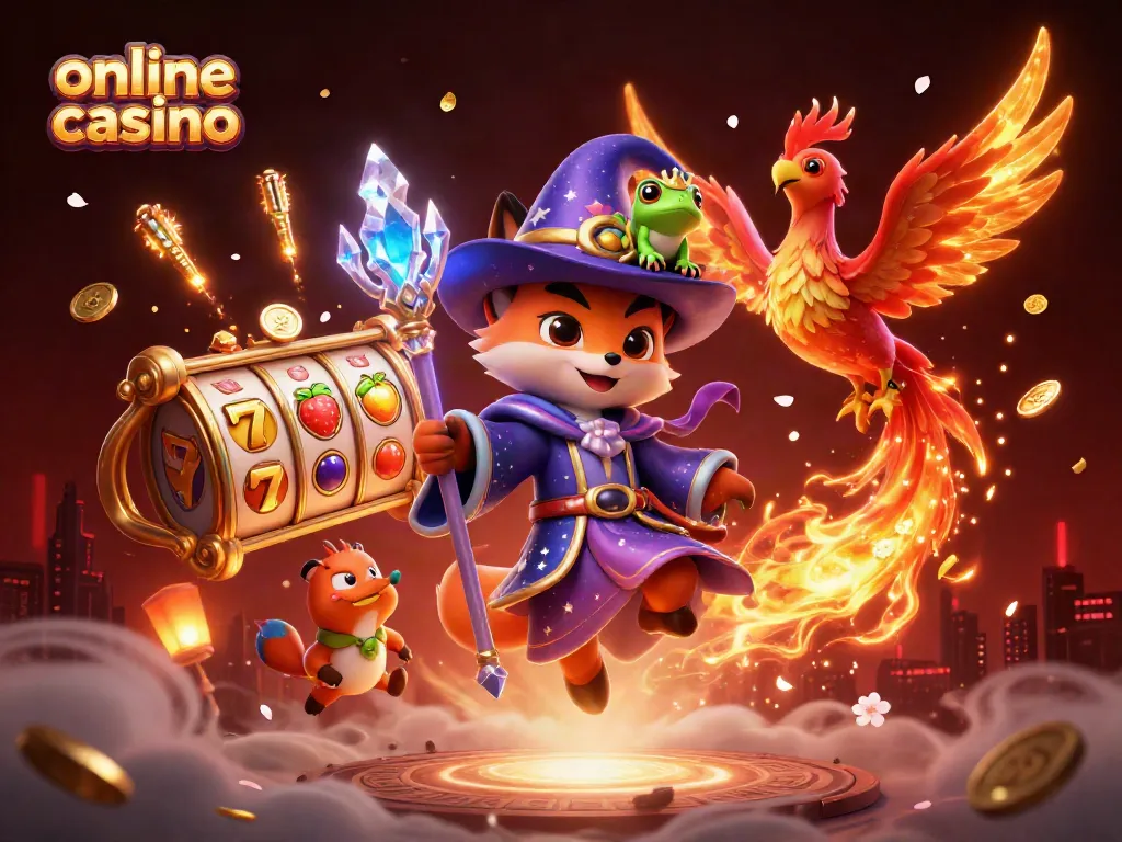 Juega en un casino online mientras un zorro mágico y un fénix iluminan la escena.