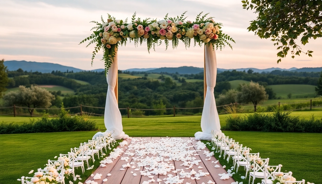 Stunning Clarksburg Wedding Venues showcasing an outdoor ceremony with a floral arch.