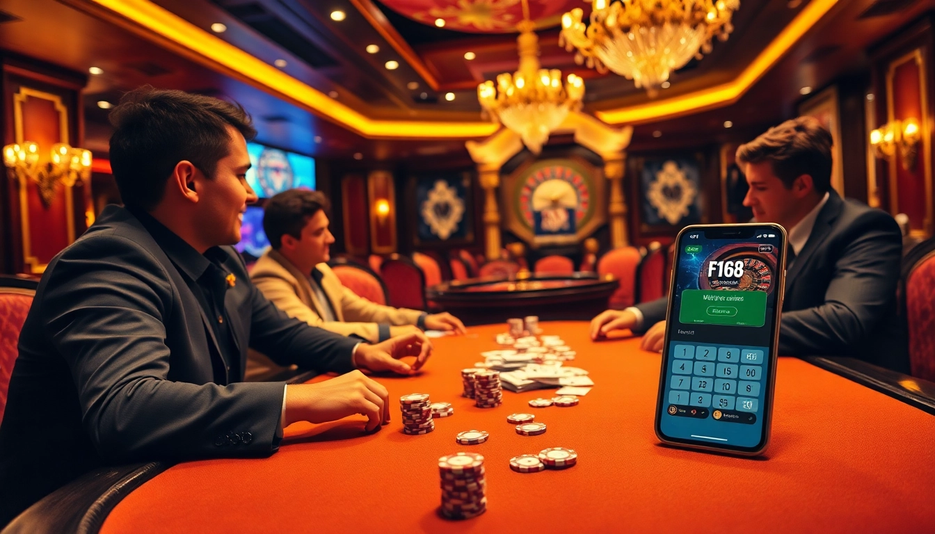 Engaged gamblers playing poker with the luxurious ambiance of the casino featuring the ลิงก์ F168 interface.
