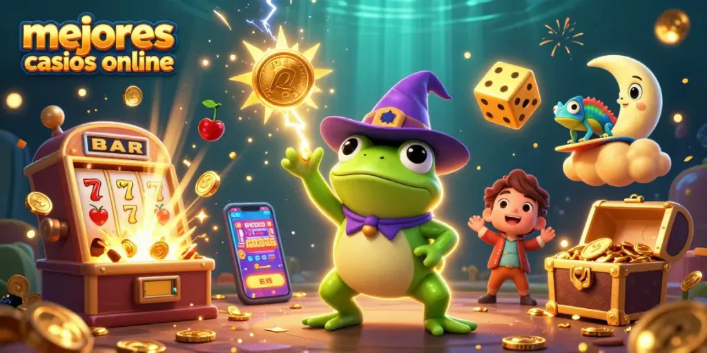 Explora los mejores casinos online a través de una ilustración vibrante y llena de acción.