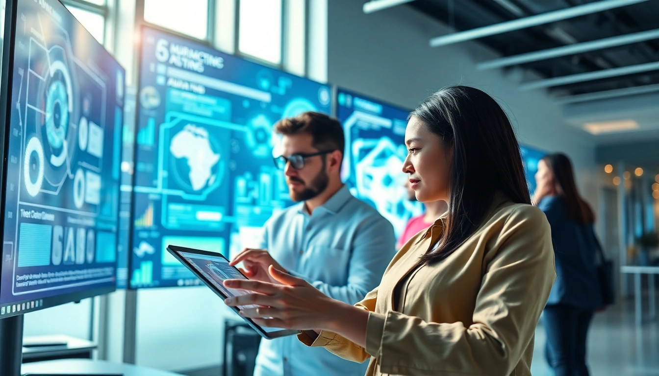 Team collaborating with technology tools showcasing innovative solutions in a modern workspace.