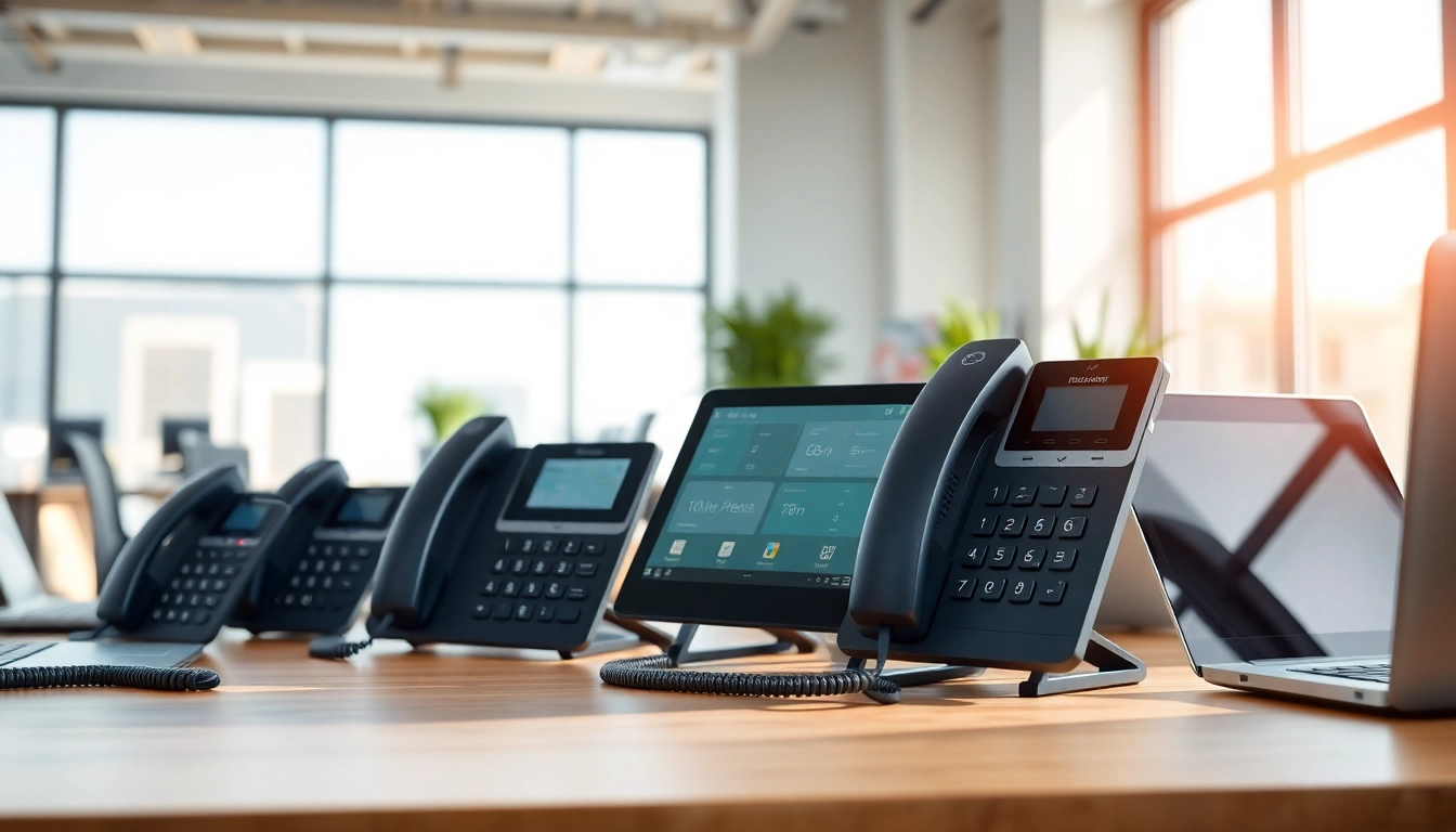 Visualize a cloud business phone system in a sleek office setup, highlighting its modern features and efficiency.