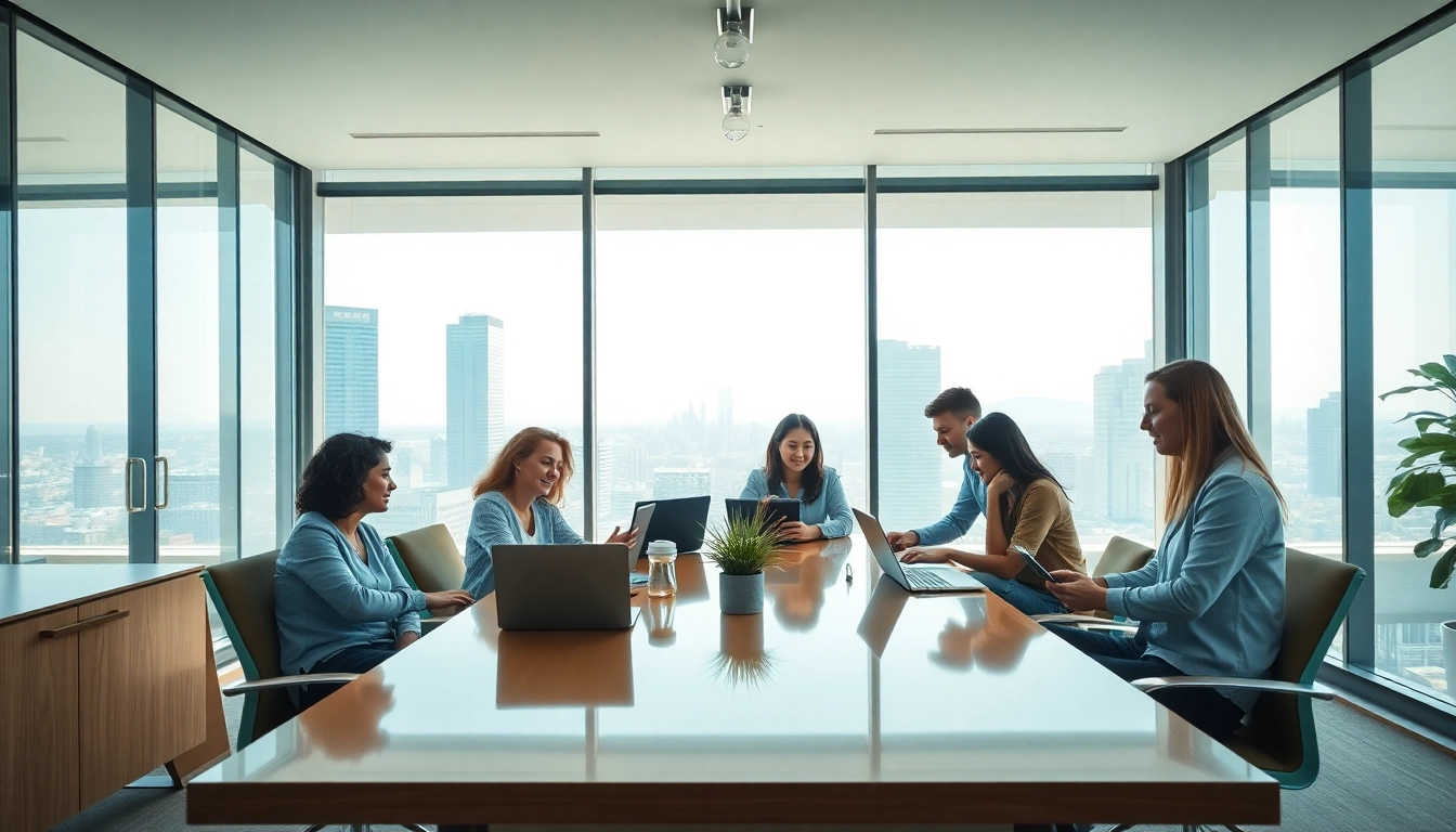 A dynamic team at a digital marketing company collaborating in a modern office setting.
