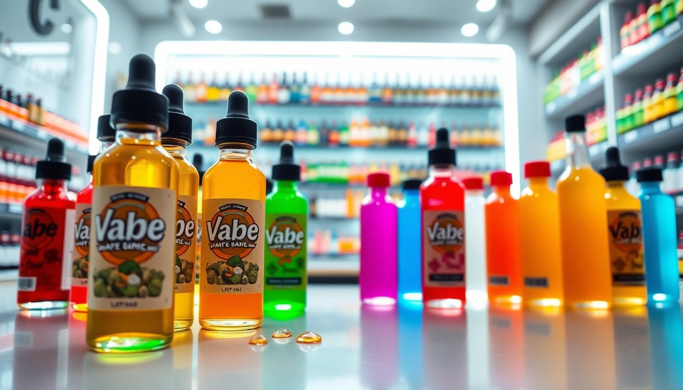 Showcasing colorful vape juice bottles in a modern vape shop with vibrant lighting.