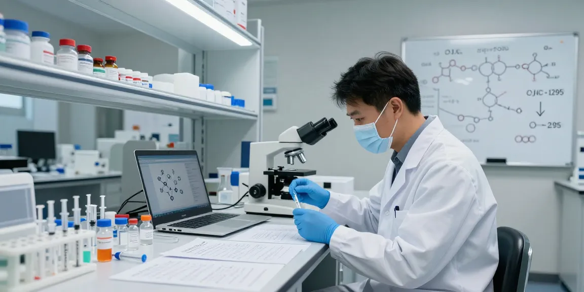 CJC-1295 research peptides analyzed in a modern lab setting, showcasing equipment and molecular structures.