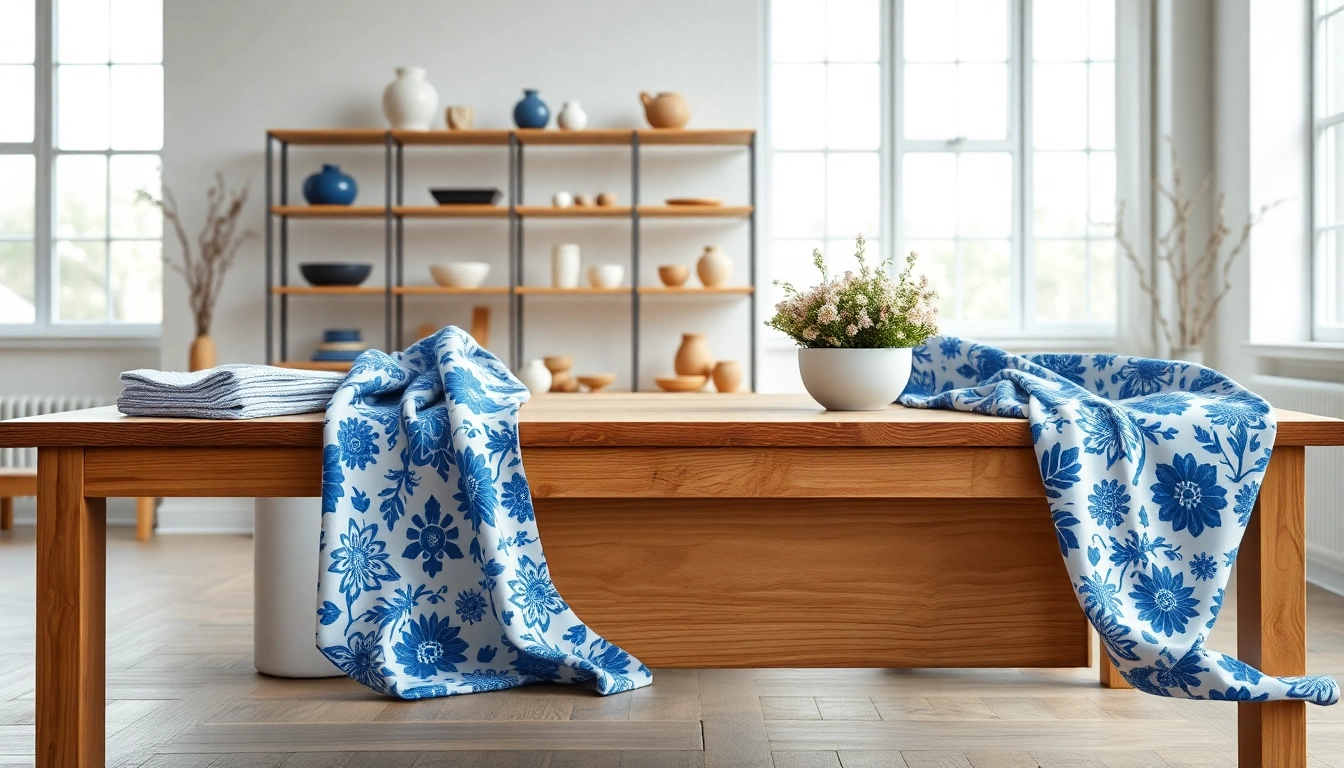Delftsblauwe stoffen collectie prachtig gepresenteerd in een serene studio.