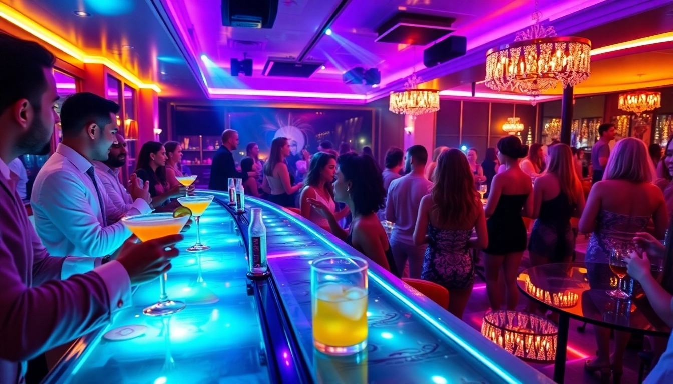 Vibrant nightlife at Club SXM featuring elegant patrons, cocktails, and live performances.