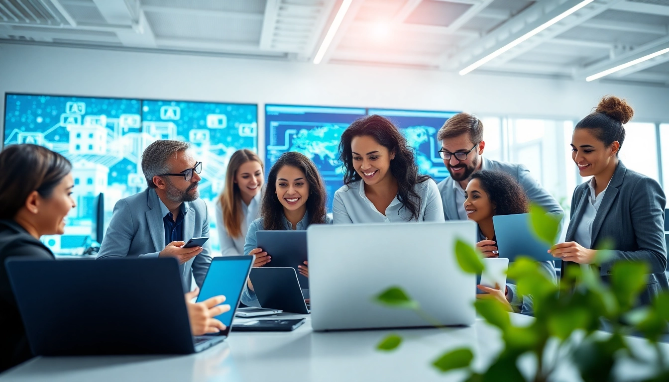 Dynamic managed IT provider team collaborating in a bright office with advanced technology.