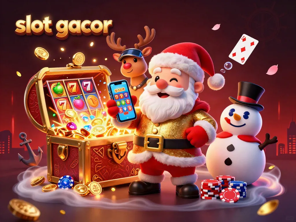 Experience slot gacor excitement with Santa and friends in a vibrant casino scene filled with treasures.