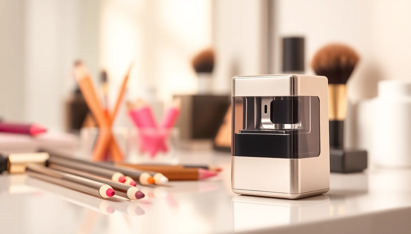 Enhance your makeup routine with this sleek cosmetic pencil sharpener showcased on a beautiful vanity.