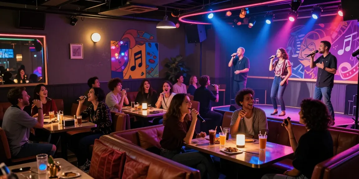 Exciting karaoke bar environment at https://www.magic4karaoke.com/ with lively crowds singing and enjoying music.