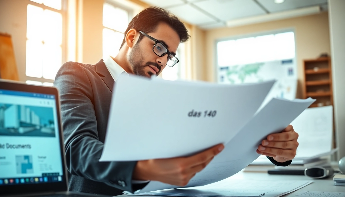 Contractor analyzing das 140 contract award documents in a professional office.