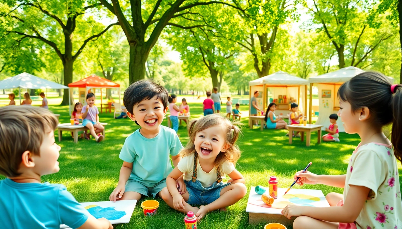 Children enjoying summer kids camp activities outdoors with laughter and creative play.