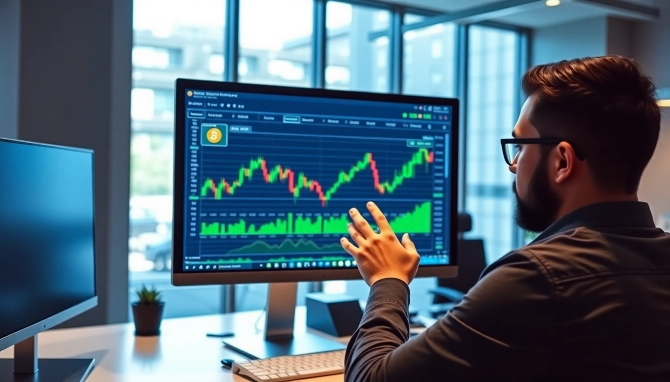 Acheter bitcoin sur un écran d'ordinateur avec un graphique Bitcoin et un trader concentré.