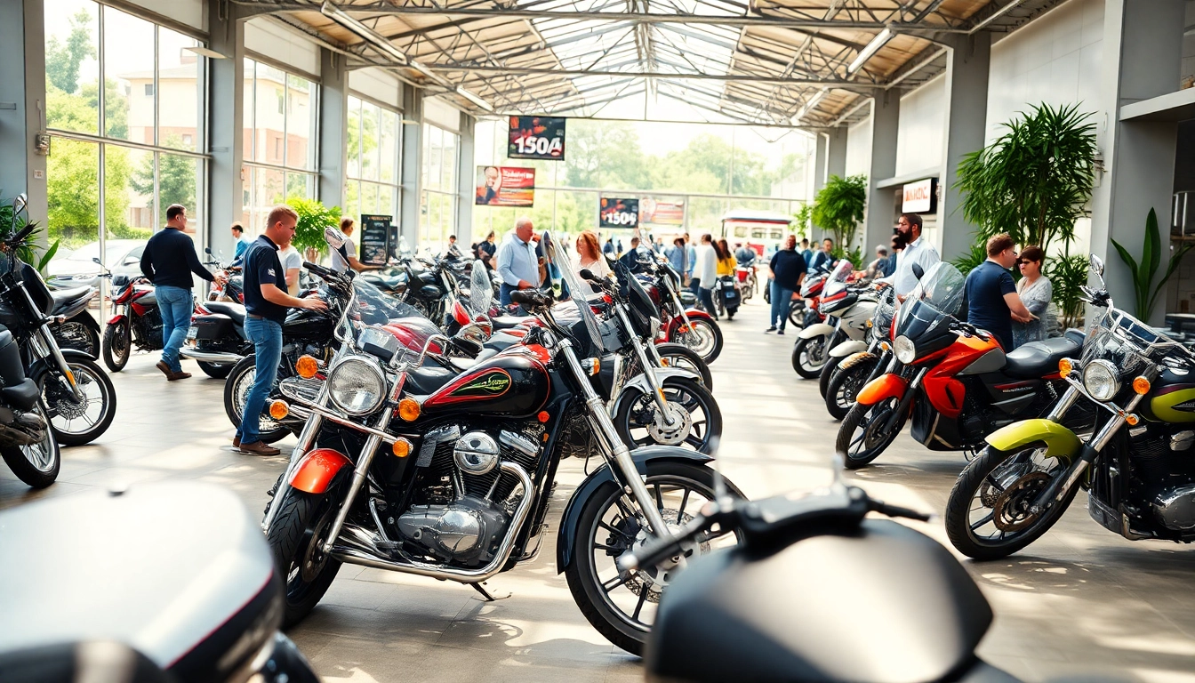 Gebrauchte Motorräder kaufen in einem lebhaften Motorradhändler mit verschiedenen Modellen.