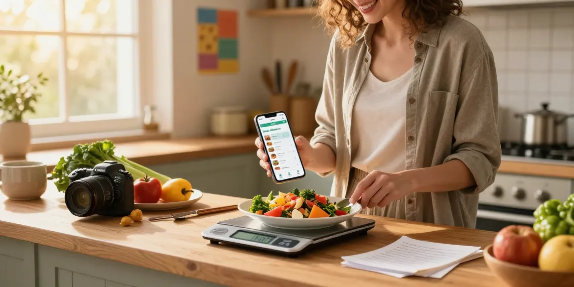 Engaged individual using the best food tracker app to prepare a healthy meal with fresh ingredients in a cozy kitchen.