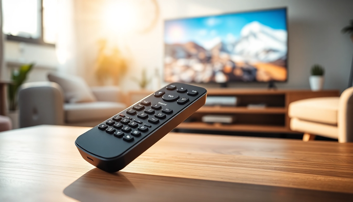LG Fernbedienung 42 auf einem eleganten Couchtisch neben einem modernen Fernseher.