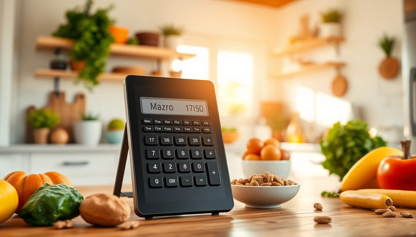 Use the macro calculator to personalize your dietary needs with a vibrant healthy kitchen backdrop.
