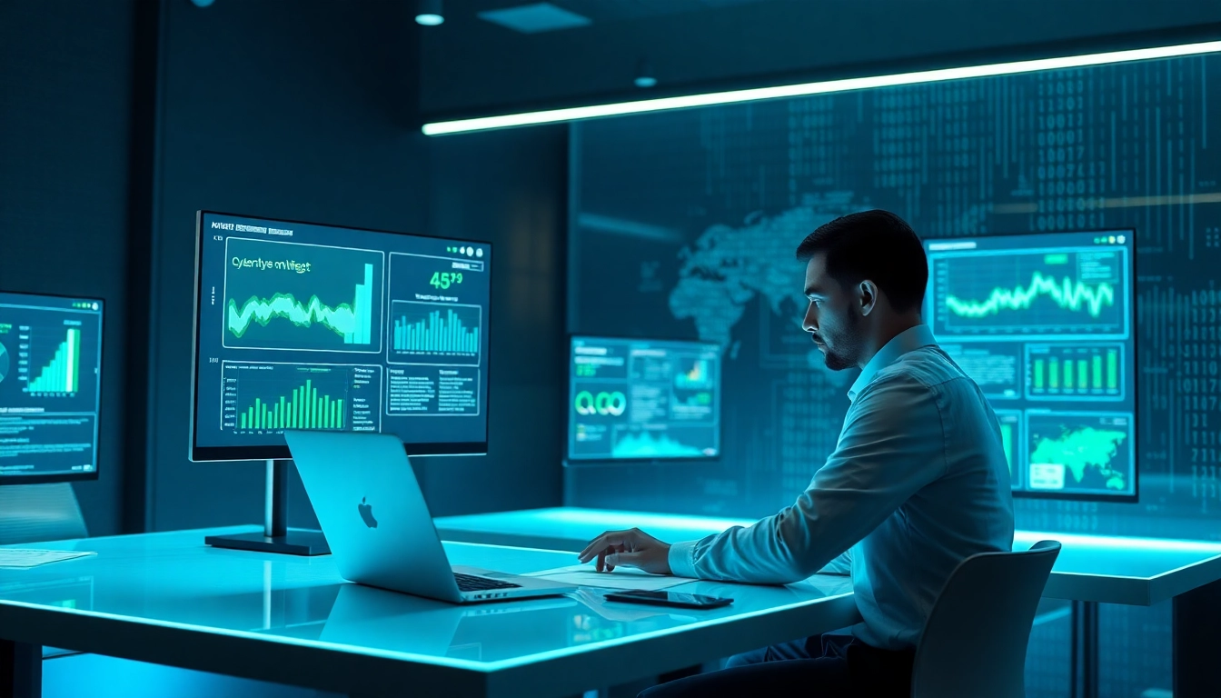 Cybersecurity AI tools in a modern digital workspace showcasing analytics and threat analysis.