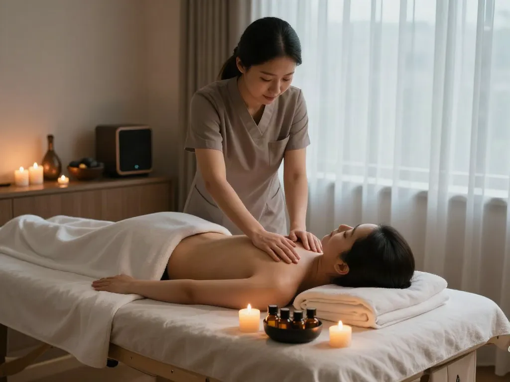 Relaxing experience of a 한남동출장마사지 with a therapist providing soothing massage therapy in a serene home environment.