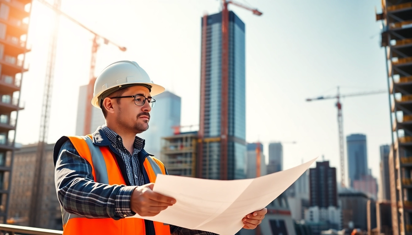 New York City construction manager reviewing plans on an urban building site with cranes.