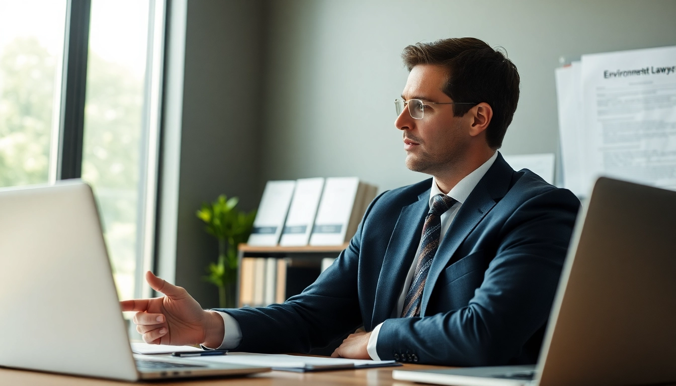 Environmental lawyer engaged in negotiations at a sleek office desk, showcasing professionalism.