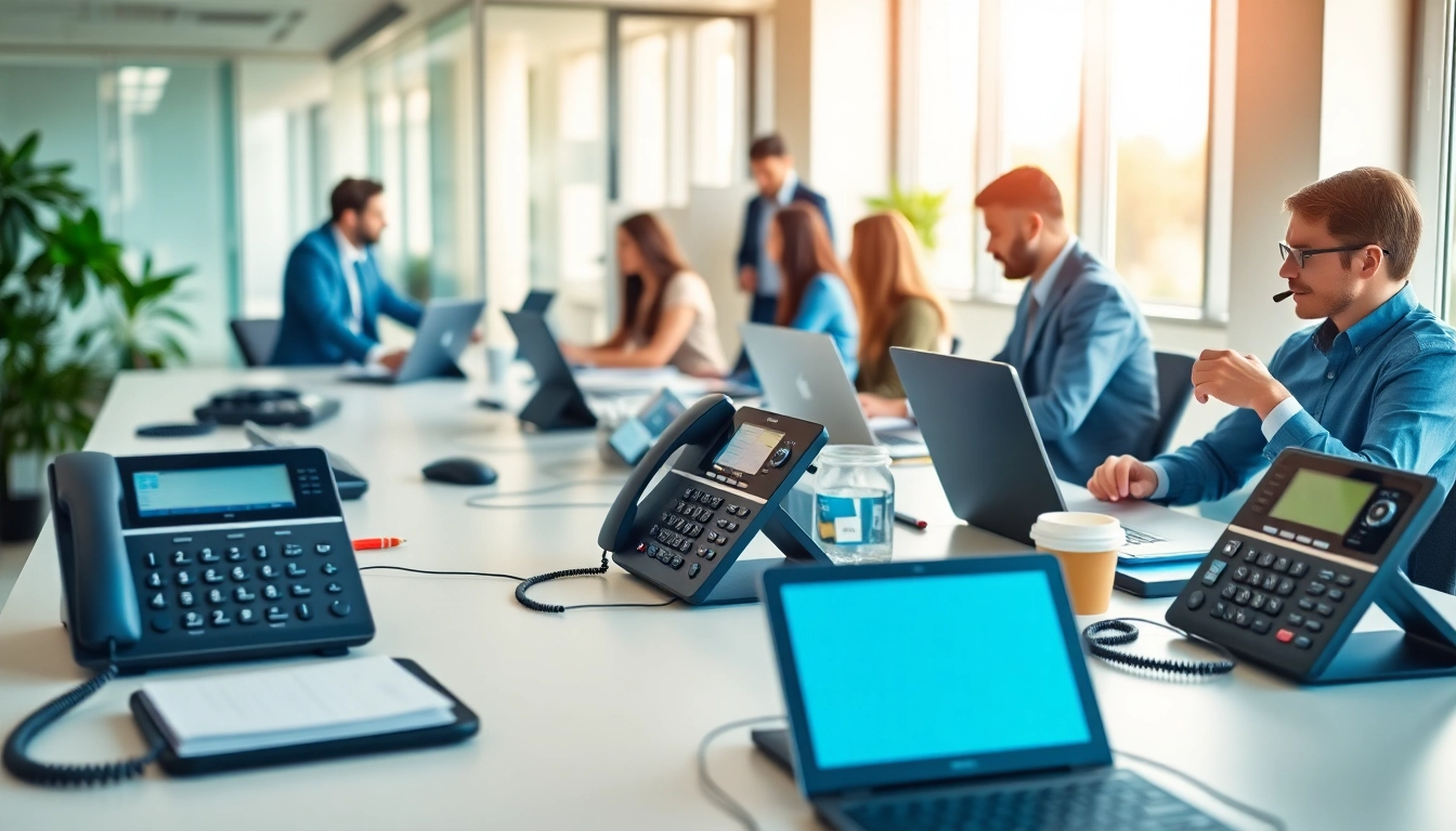 Showcase a small business phone service environment with advanced communication tools fostering collaboration.