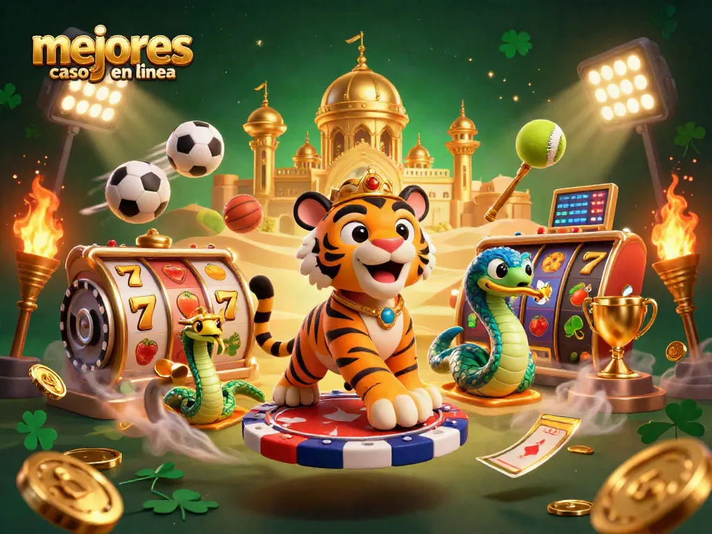 Los mejores casinos en línea con un sultan tigre y símbolos de tragamonedas en un vibrante fondo.