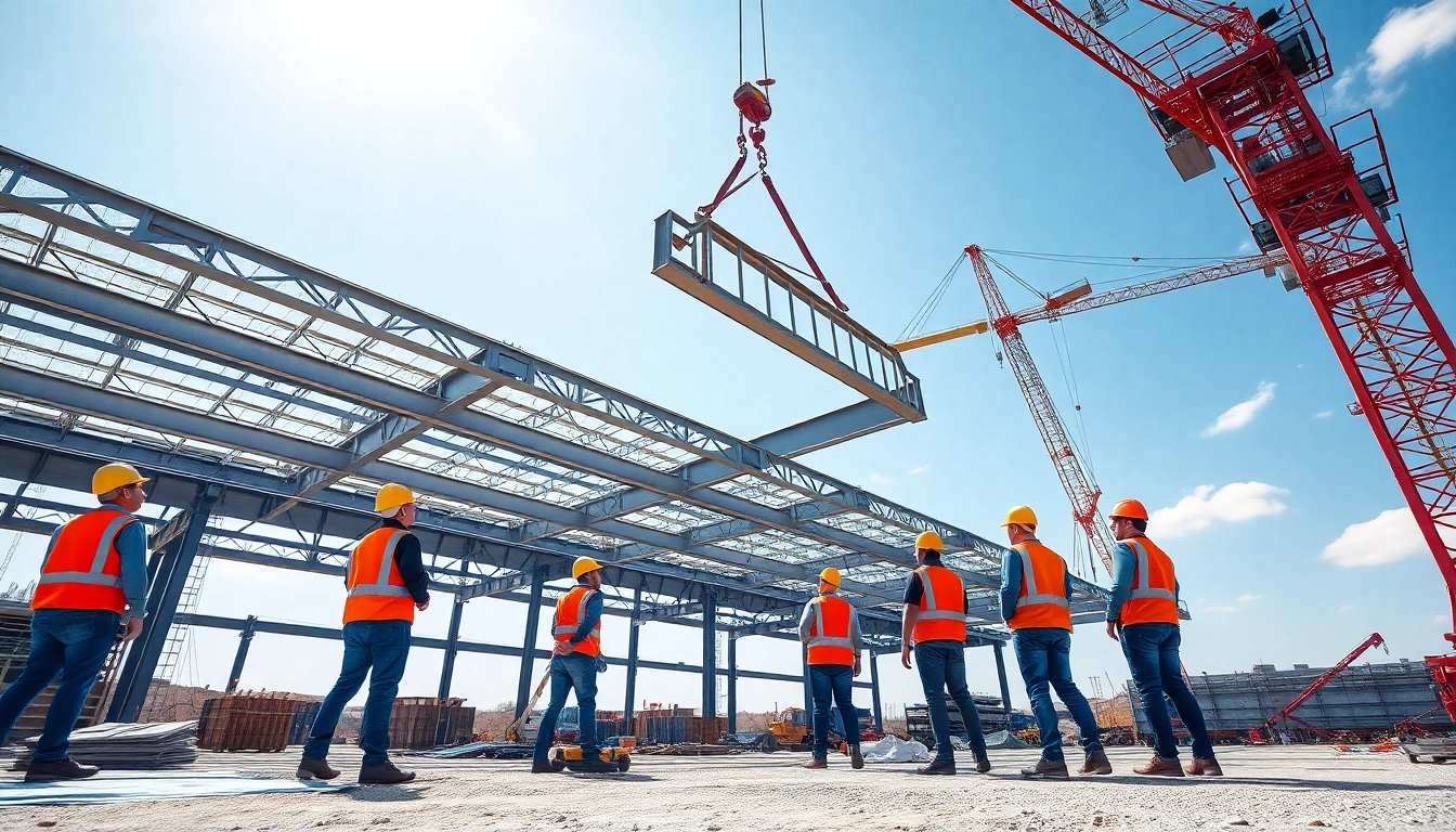 Workers engaged in structural steel installation at a construction site with cranes.