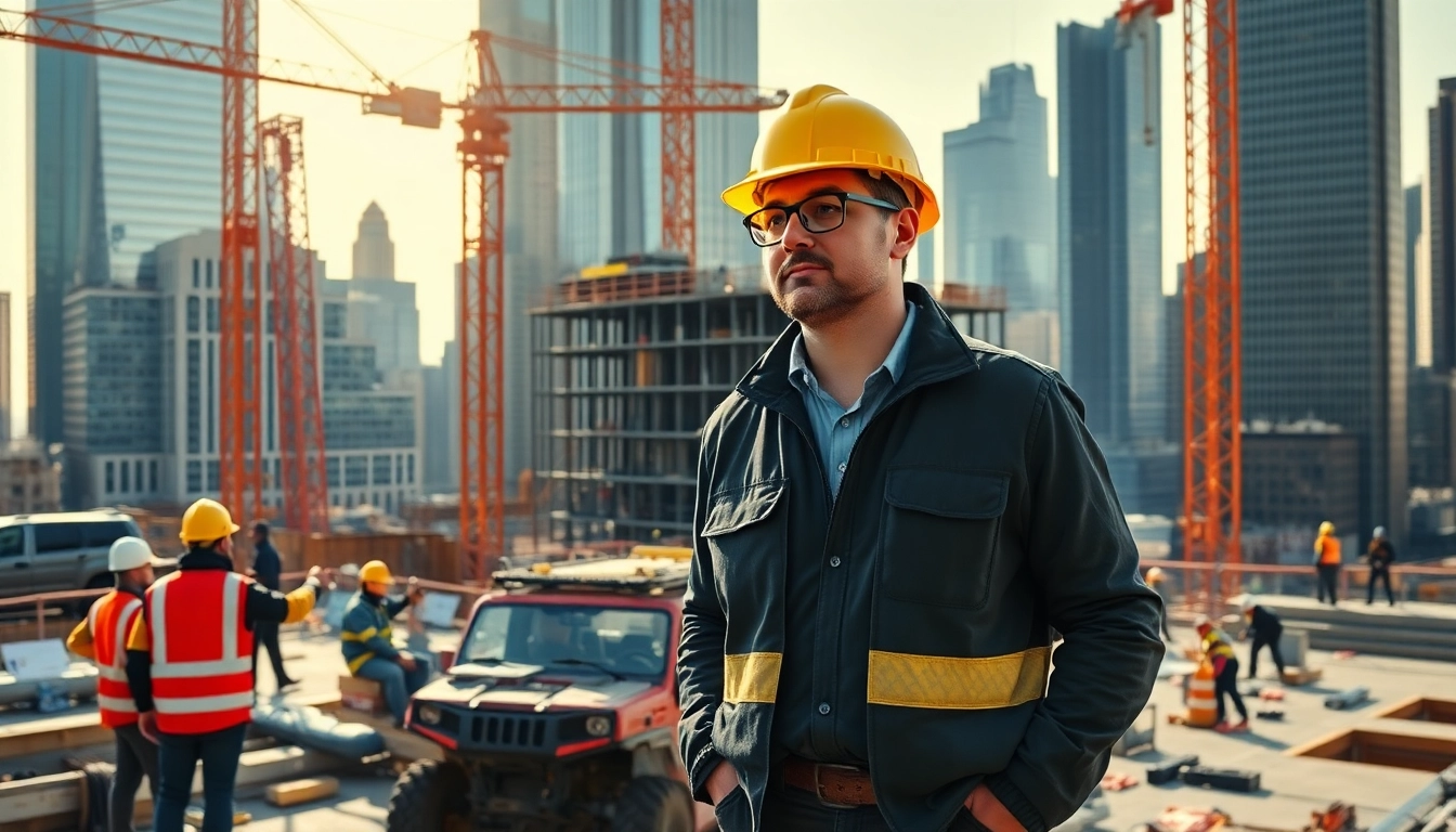 New York City General Contractor managing a bustling construction site with skyscrapers in the background.